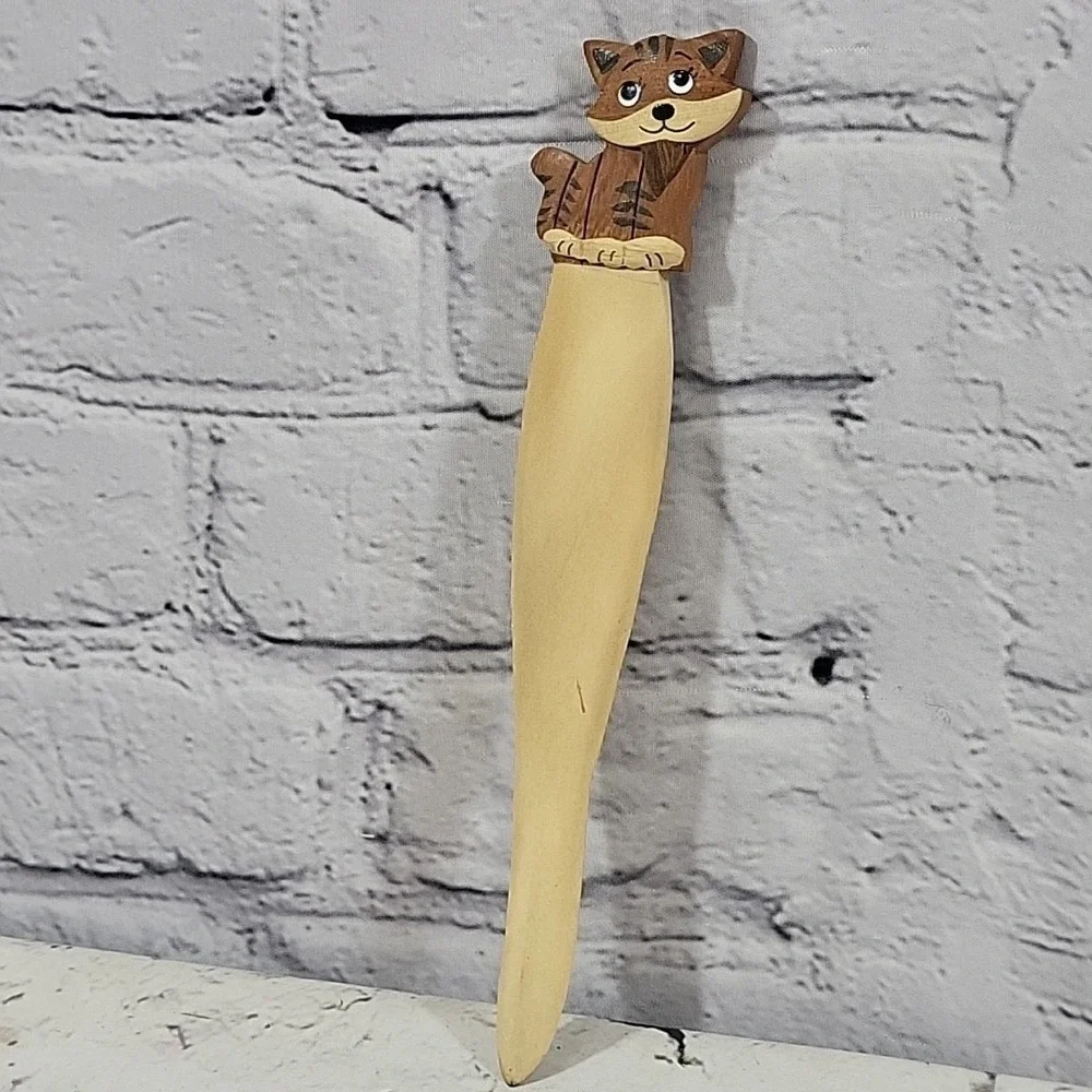Bobcat Cub Tiger Kitty Wildcat Carved Wooden‎ Letter Opener Handpainted Rustic